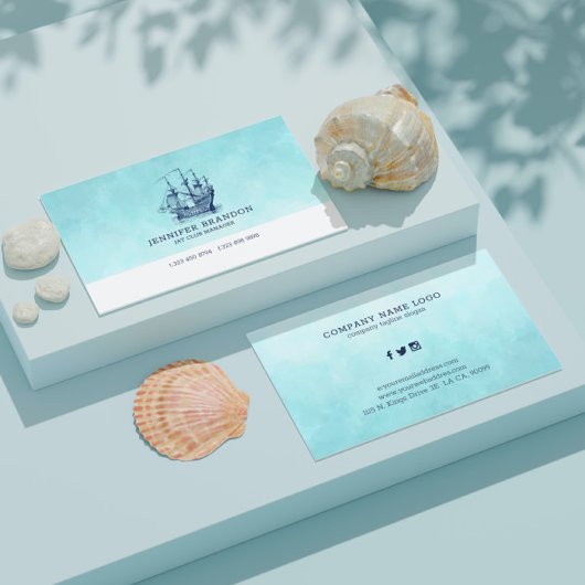 ダークブルーヴィンテージ風帆船 名刺