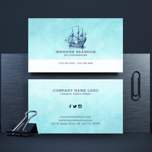 ダークブルーヴィンテージ風帆船 名刺