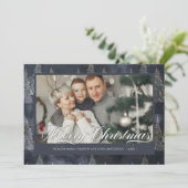 ダークブルー家族の写真エレガントクリスマスツリー シーズンカード (スタンド正面)