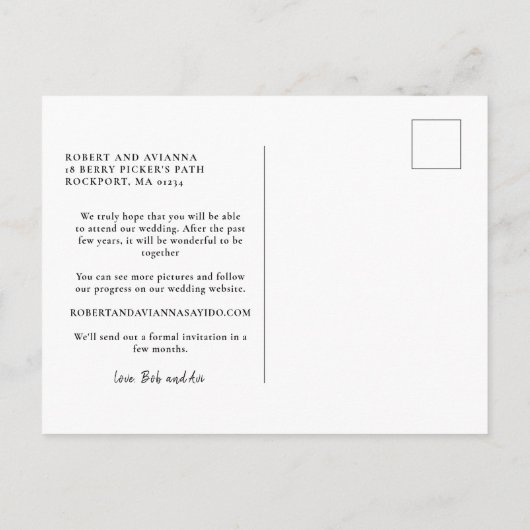 ダークブルー文字フォトウェディング日付を保存 案内ポストカード (裏面)