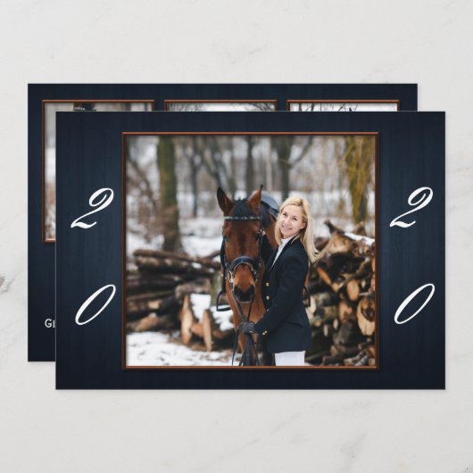 ダークブルー木材の卒業発表 案内状 (正面/裏面)