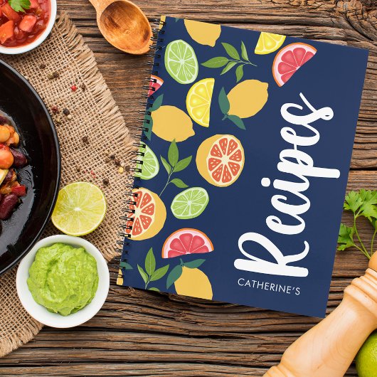 ダークブルー柑橘類レモンオレンジパターン名レシピ ノートブック