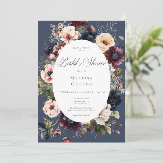 ダークブルー楕円フローラフレームブライダルシャワー 招待状 (スタンド正面)