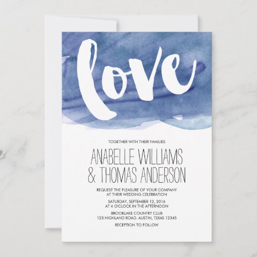 ダークブルー水彩洗結婚浄液 招待状 (正面)