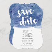 ダークブルー水彩結婚式の日付を保存 招待状 (正面/裏面)