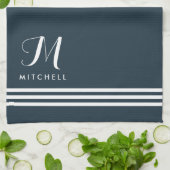 ダークブルー洗練されたストライプとモノグラム キッチンタオル (折り畳み)