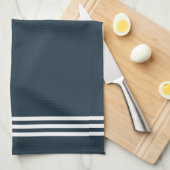 ダークブルー洗練されたストライプとモノグラム キッチンタオル (四つ折り)