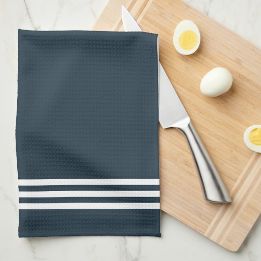 ダークブルー洗練されたストライプとモノグラム キッチンタオル (四つ折り)