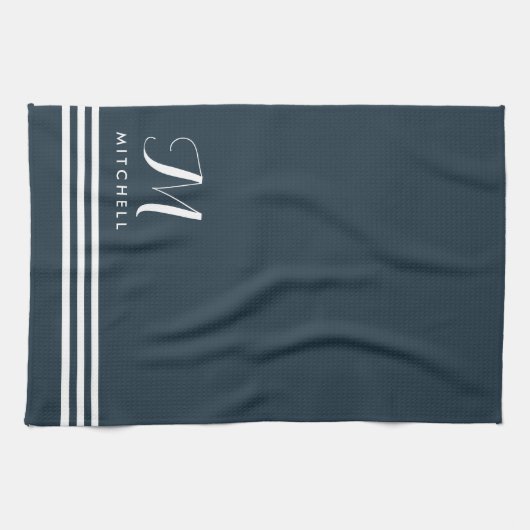 ダークブルー洗練されたストライプとモノグラム キッチンタオル (横)