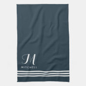 ダークブルー洗練されたストライプとモノグラム キッチンタオル (縦)