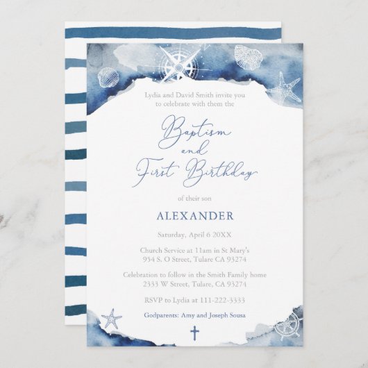 ダークブルー海事少年バプテスマ1st誕生日パーティー 招待状 (正面/裏面)
