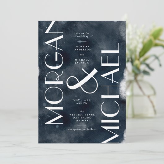 ダークブルー海軍ホワイトゴシッモダンクの結婚インビタ 招待状 (スタンド正面)