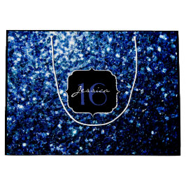 ダークブルー深い光沢のあるフェイクグリッタースパークルスウィート16 ラージペーパーバッグ