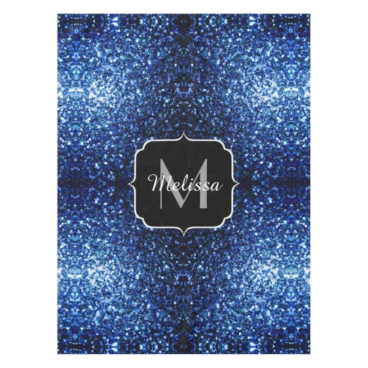ダークブルー深い光沢のあるフェイクグリッタースパークルモノグラム テーブルクロス (正面)