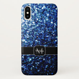 ダークブルー深い光沢のあるフェイクグリッタースパークルモノグラム iPhone X ケース