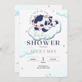 ダークブルー灰色の眠い牛の白い雲の赤ちゃんシャワー 招待状 (正面/裏面)