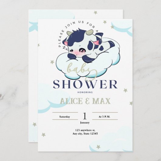 ダークブルー灰色の眠い牛の白い雲の赤ちゃんシャワー 招待状 (正面/裏面)