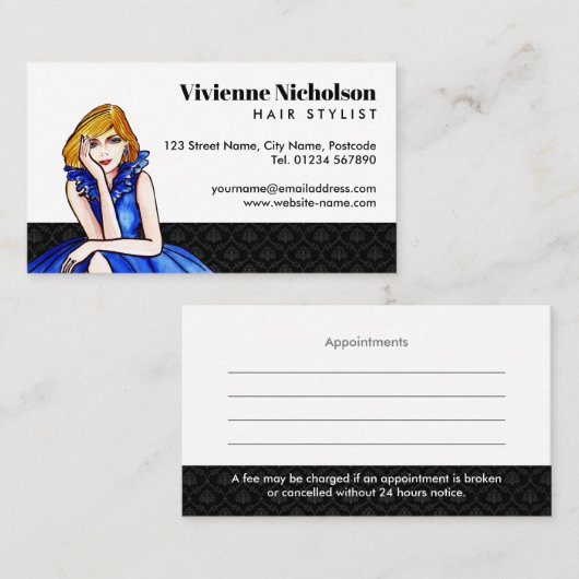 ダークブルー王室のカクテルガウンファッションイラストレーション 名刺 (正面/裏面)