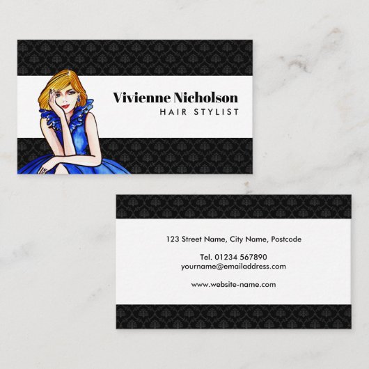 ダークブルー王室のカクテルガウンファッションイラストレーション 名刺 (正面/裏面)