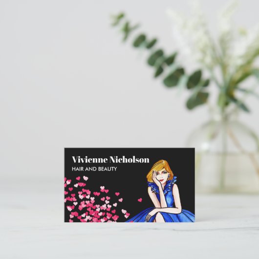 ダークブルー王室のカクテルガウンファッションピンクハート 名刺 (スタンド正面)