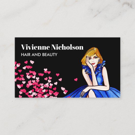 ダークブルー王室のカクテルガウンファッションピンクハート 名刺 (正面)