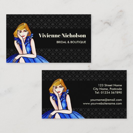 ダークブルー王室のカクテルガウンファッションブラックダマスク 名刺 (正面/裏面)