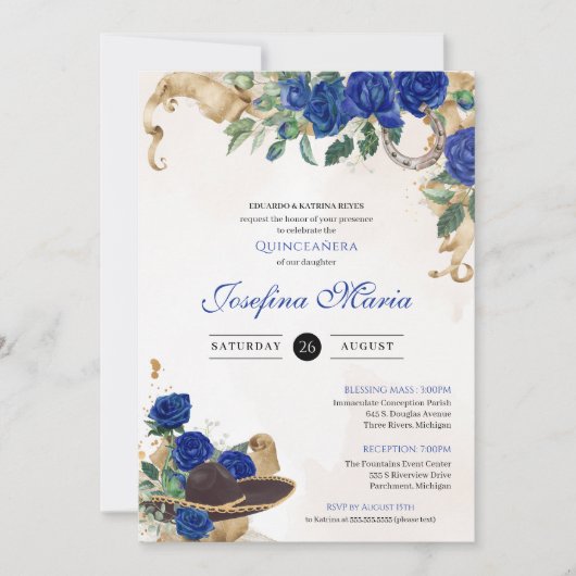 ダークブルー王室のバラメキシカーナマリアチキンセアニェラ 招待状 (正面)