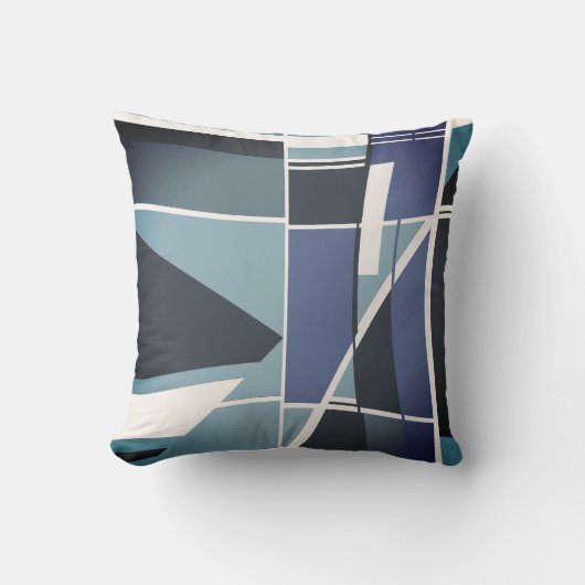 ダークブルー石板ティール（緑がかった色）ホワイトジオメトリックアート抽象芸術 クッション (正面)