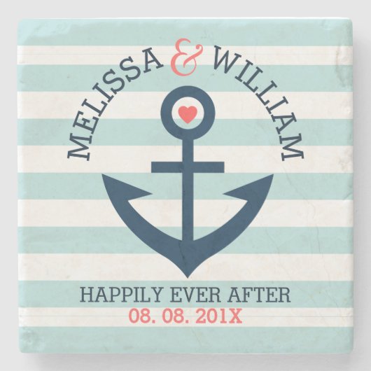 ダークブルー結婚の航海のいかりミントストライプ ストーンコースター (正面)