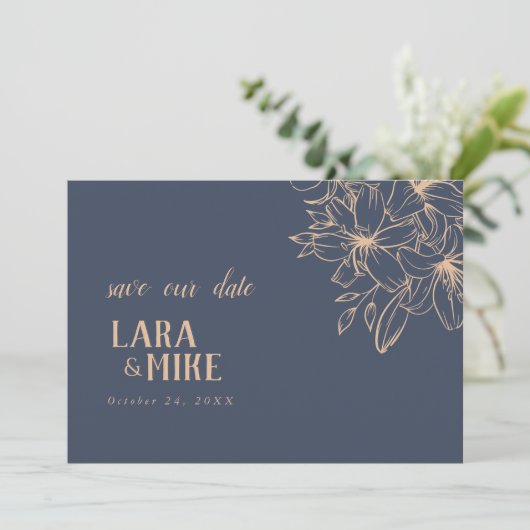 ダークブルー結婚ソフトの日付カード セーブザデート (スタンド正面)