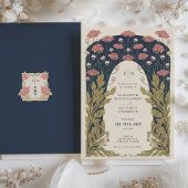 ダークブルー結婚ピンクヴィンテージアールヌーボーフローラ 招待状