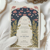 ダークブルー結婚ピンクヴィンテージアールヌーボーフローラ 招待状