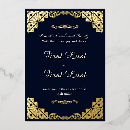 ダークブルー結婚ロイヤリティズフォイル招待状 箔招待状 (正面)