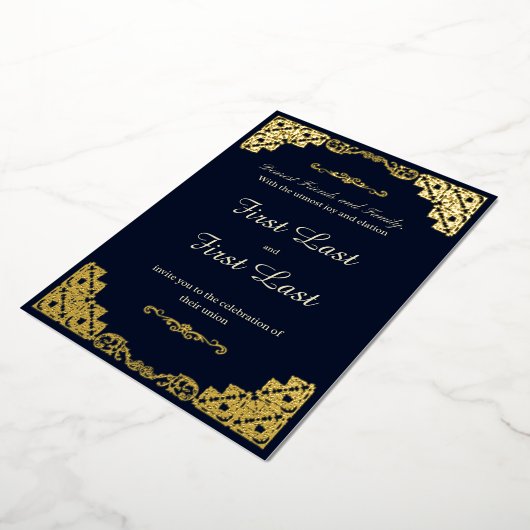 ダークブルー結婚ロイヤリティズフォイル招待状 箔招待状 (回転した状態)