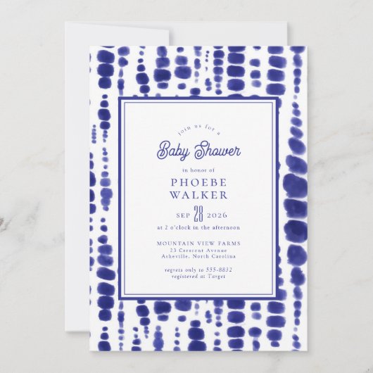 ダークブルー絞り染め志堀インジゴベビーシャワー 招待状 (正面)