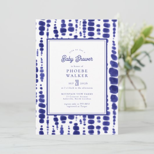 ダークブルー絞り染め志堀インジゴベビーシャワー 招待状 (スタンド正面)