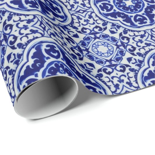 ダークブルー色彩の鮮やかタイル – 東洋のスタイルパターン ラッピングペーパー (ロールコーナー)
