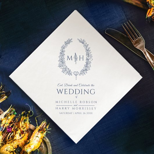 ダークブルー葉楕円リースモノグラム結婚アート