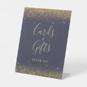 ダークブルー金ゴールドグリッターウェディングカードとギフト 台座サイン (正面)