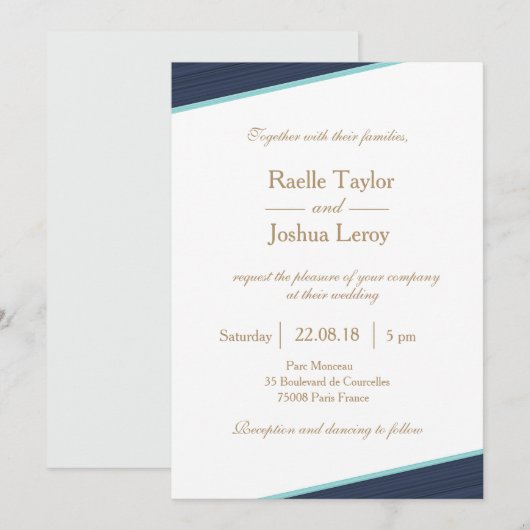 ダークブルー金ゴールドホワイトグレーストライプの微妙な結婚 招待状 (正面/裏面)