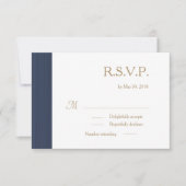 ダークブルー金ゴールドホワイト微妙なストライプ結婚式RSVP 招待状 (正面)