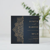 ダークブルー金ゴールドマンダエレガントラインディアン結婚ズ 招待状 (スタンド正面)