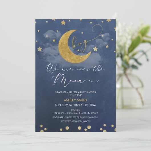 ダークブルー金ゴールド我々は月の赤ちゃんシャワー上にある 招待状 (スタンド正面)