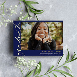 ダークブルー金ゴールド書道写真卒業 箔招待状