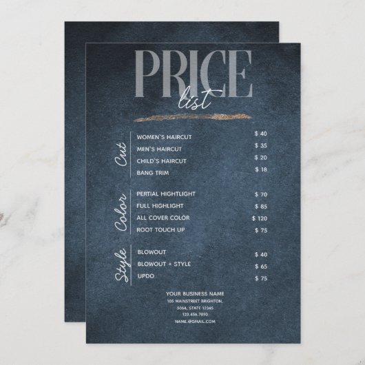  ダークブルー金ゴールド美しいサロン価格一覧ラックカード 招待状 (正面/裏面)