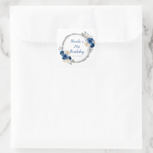 ダークブルー銀エレガント花誕生会 スクエアシール (バッグ)
