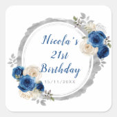 ダークブルー銀エレガント花誕生会 スクエアシール (正面)