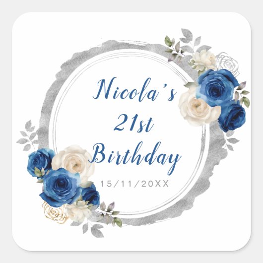 ダークブルー銀エレガント花誕生会 スクエアシール (正面)