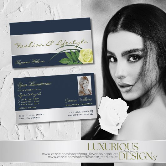 ダークブルー銀色のデカールかわいいバラの花と写真 名刺