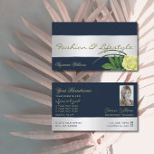 ダークブルー銀色のデカールかわいいバラの花と写真 名刺